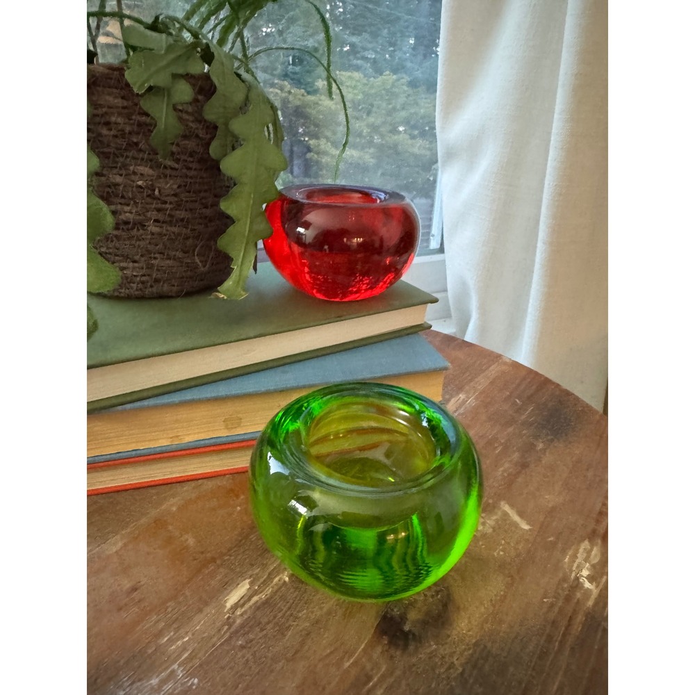 Crate & Barrel Glow Tealight Candle Holders Set of 2 Red Green Glass Slovenia